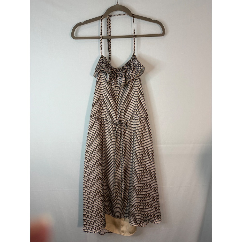 Tinley Road‎ Tan Navy Bird Print Halter Ruffle Drawstring Dress Size 6